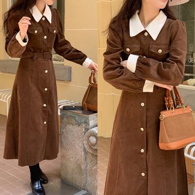 Spring Single Breasted Long Sleeve Corduroy Slim Dress Vintage Ladies Dresses with Belt