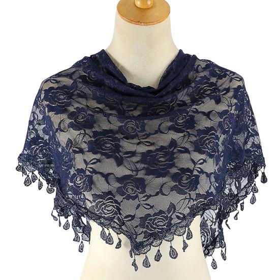 

Head Wrap Trendy Lightweight Hollow Portable Fine Workmanship Sunscreen Nylon Lace Tassel Triangle Head Wrap Summer Accessory темно-синий