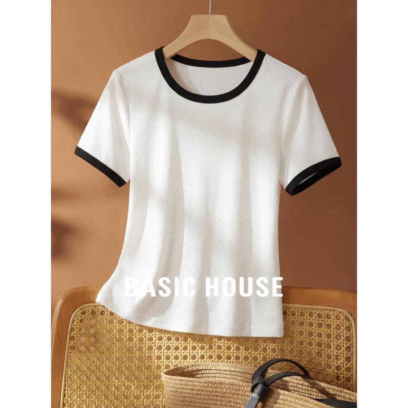 Basic House Women s Colorblock Round Neck Short Sleeve T-Shirt L