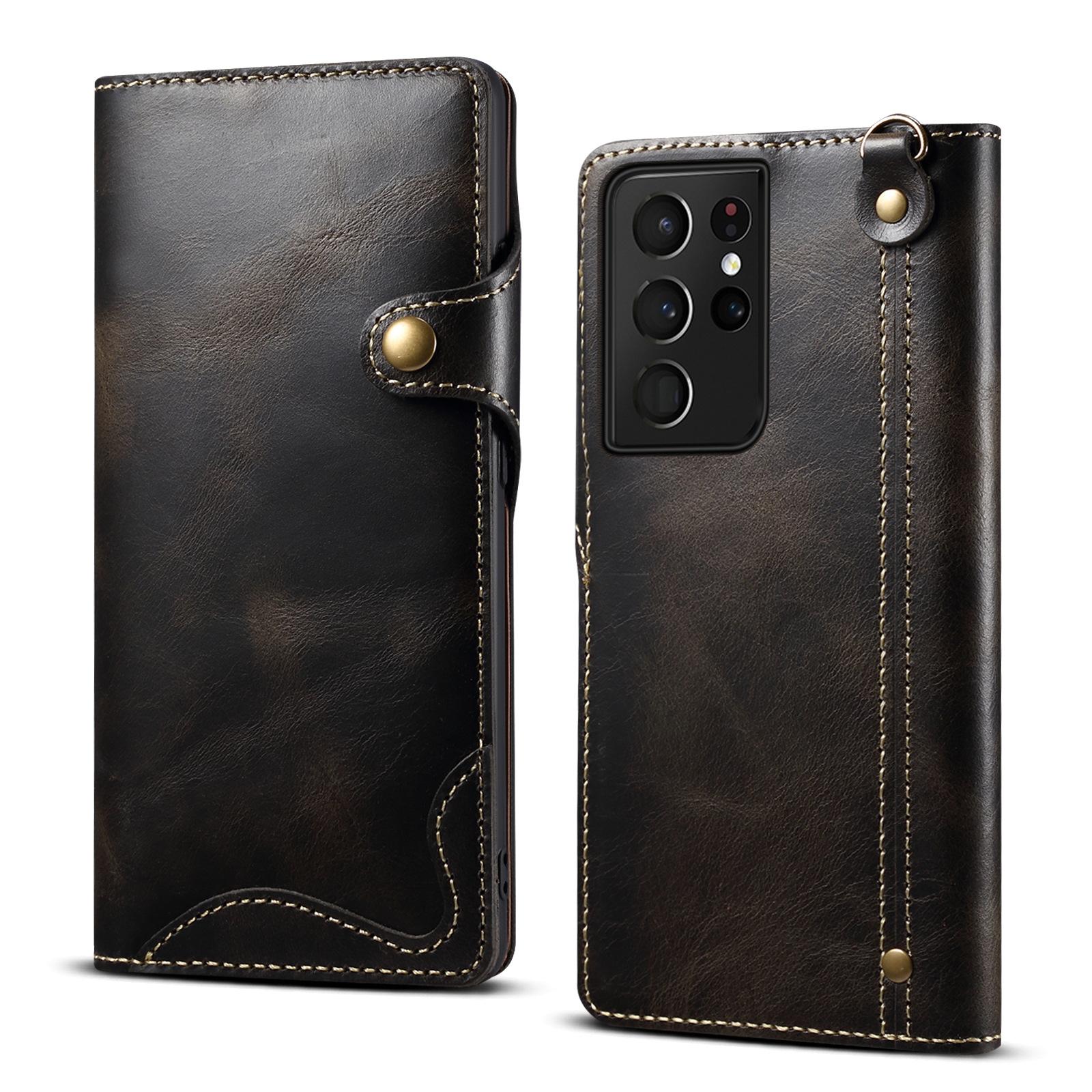 Applicable to Samsung S22Ultra leather mobile phone case S23 mobile phone case first layer cowhide card S21 mobile phone case Samsung s25fe чёрный