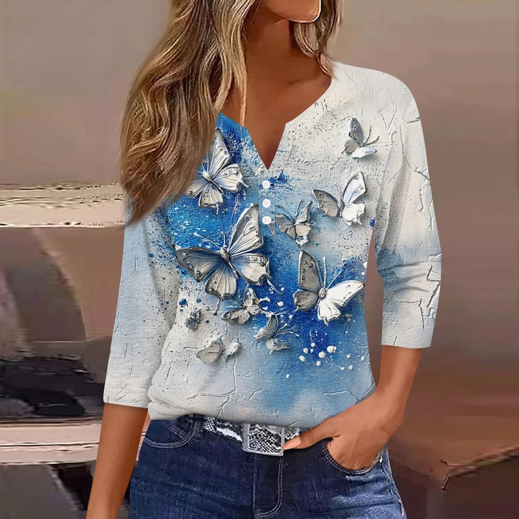 Damen T-Shirt mit Aufdruck, Knopfleiste, 3/4-Ärmel, modisch für den Alltag und das Wochenende, Basic, V-Ausschnitt, normales Oberteil