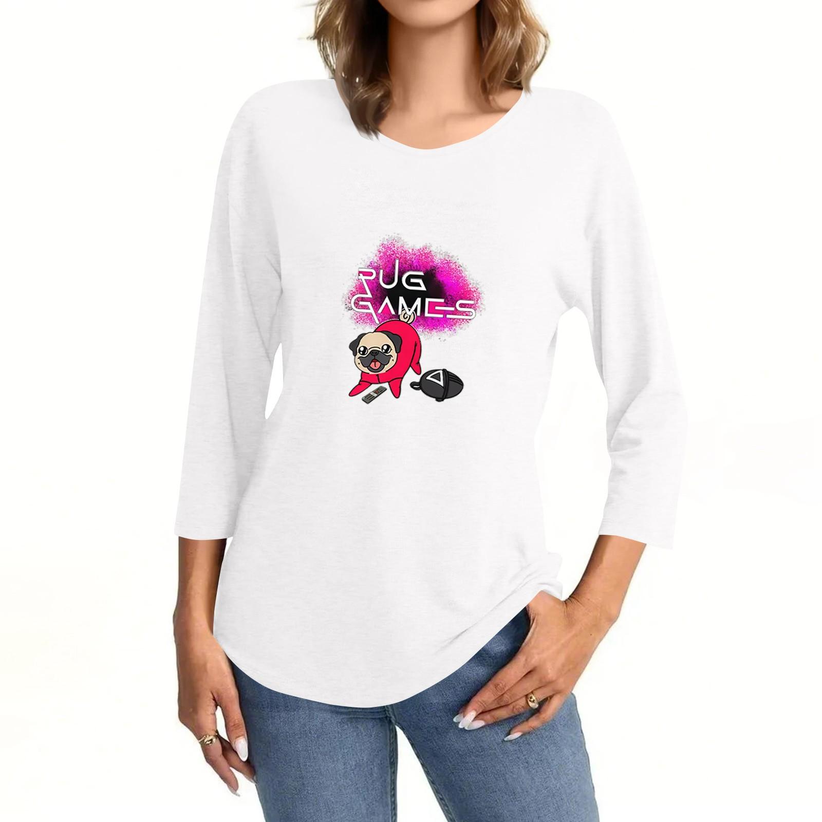 

Women s Fashionable Casual Three Quarter Sleeve Printed Collar Pullover Top L білий