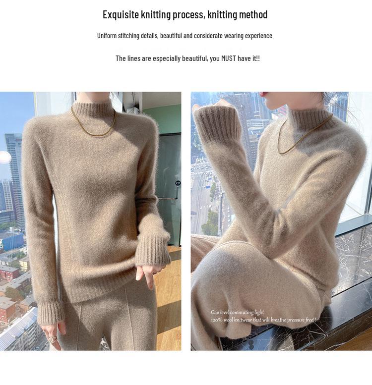 Women's Thick Wool Knitted Sweater, Loose Fit, Half-High Neck, Long-Sleeved, Slimming Base Top