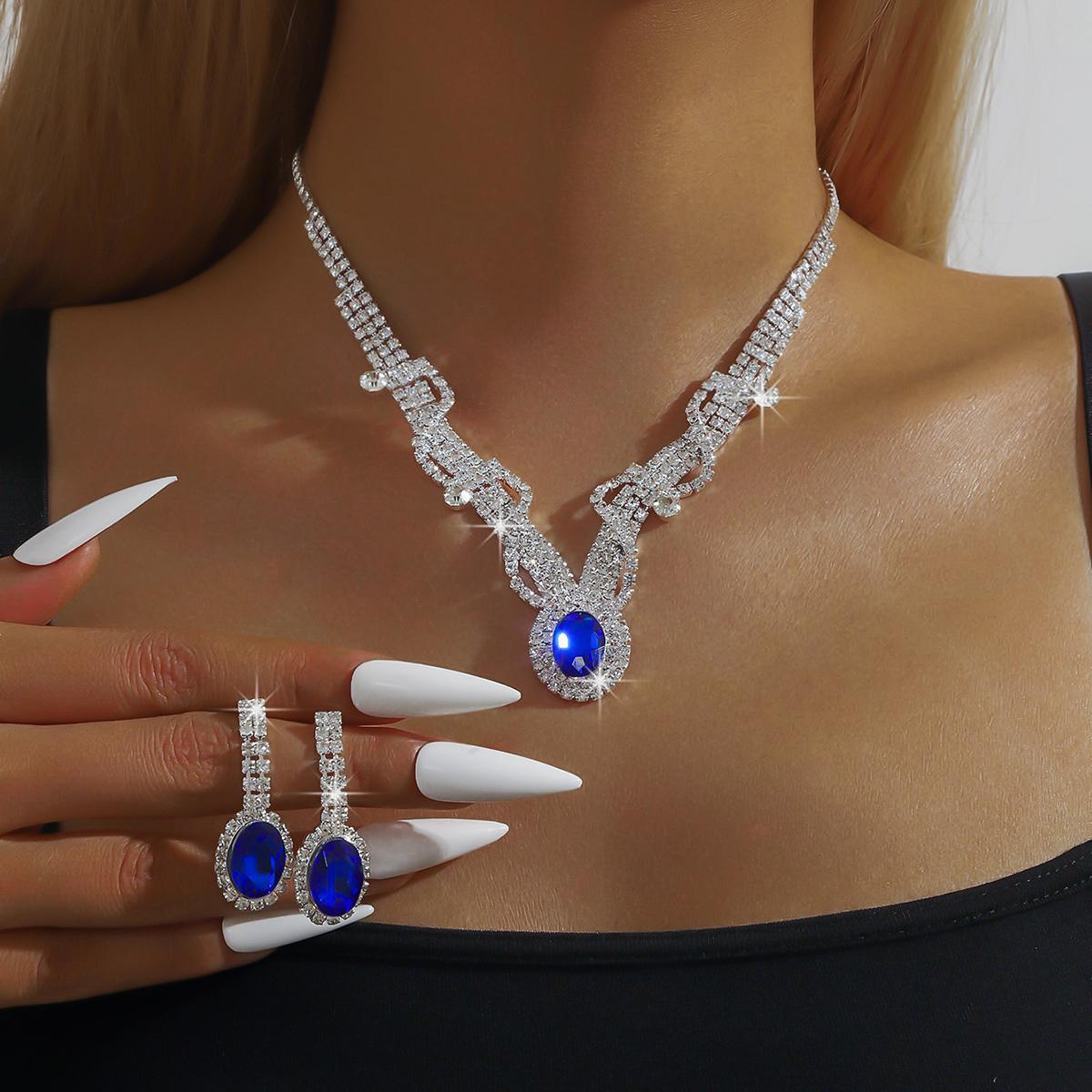 

Premium Full Diamond Elliptical Colorful Treasure Necklace Earring Set for Dinner, Annual Meeting, Party, Light Luxury Jewelry