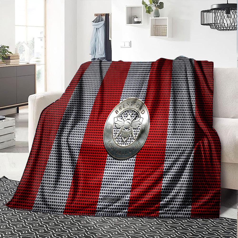Brent-ford Football Club Crest Flannel Blanket, Soft Polyester, Modern Design, All-Season for Camping, Travel, Gifts for Holidays or Birthdays