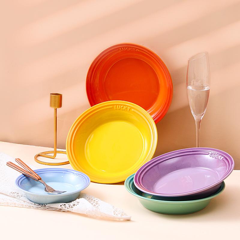 European Colorful Gradual Change Macaron Ceramic Plate Creative Home Fruit Salad Plate Nordic Baked Rice Dish Deep Soup Plate