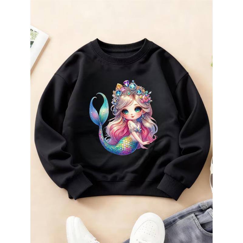 Kids Crewneck Long Sleeve Sweatshirt, Dreamy Color Scale Crown Mermaid Girly Print 110 чёрный