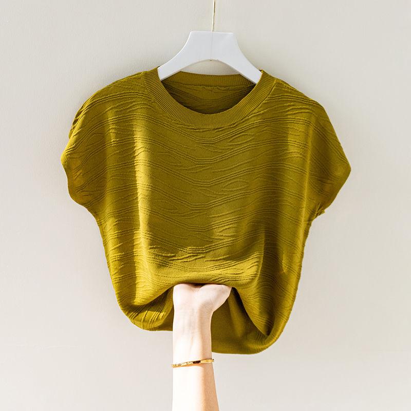 Top de Verão Seda Gelo Camiseta Feminina Manga Curta Solta Grande Manga Morcego Camisa Tricotada