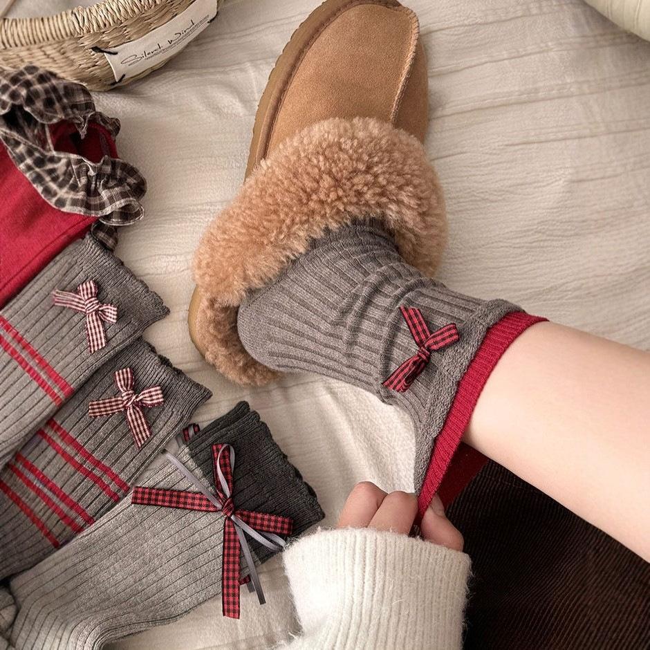 Bow Wool Socks Children Keep Warm In Autumn And Winter New Year'S Birth Year Red Boneless Stacking Socks Versatile Outer Cotton Socks
