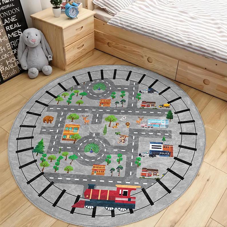 World Map Kids Rug Washable Non-Slip Round Play Mat Educational Animal Map Nursery Carpet Montessori Learning Decor Gifts