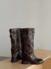 Square boots, stacked black locomotive boots, fashionable new pleated thick heels, trousers, belt buckle, long boots for women