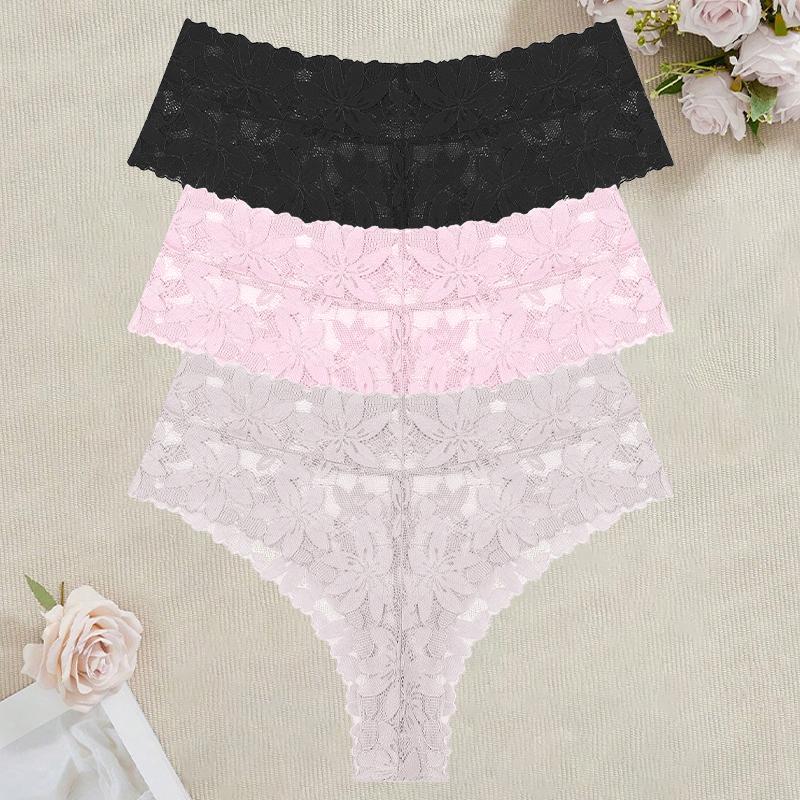 3Pcs/Set Women's High Waist Panties Ladies Sexy Lace Hollow Out Thong Breathable Transparent G-strings Solid Color Soft Lingerie