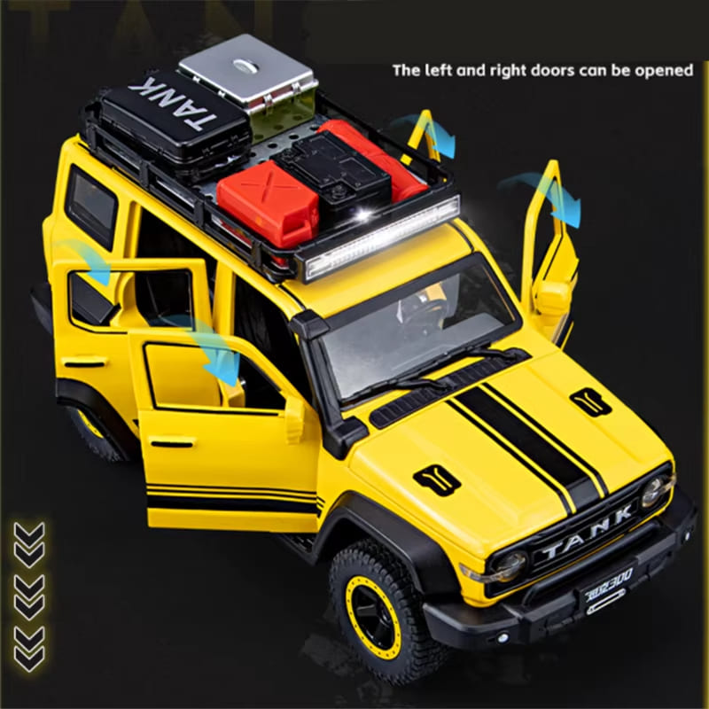 New 1:24 Tank 300 SUV Car Alloy Car Model Die-cast Metal Toy Off-road Car Car Model Sound and Light Pull Back Can Open The Door Children Boy Gift
