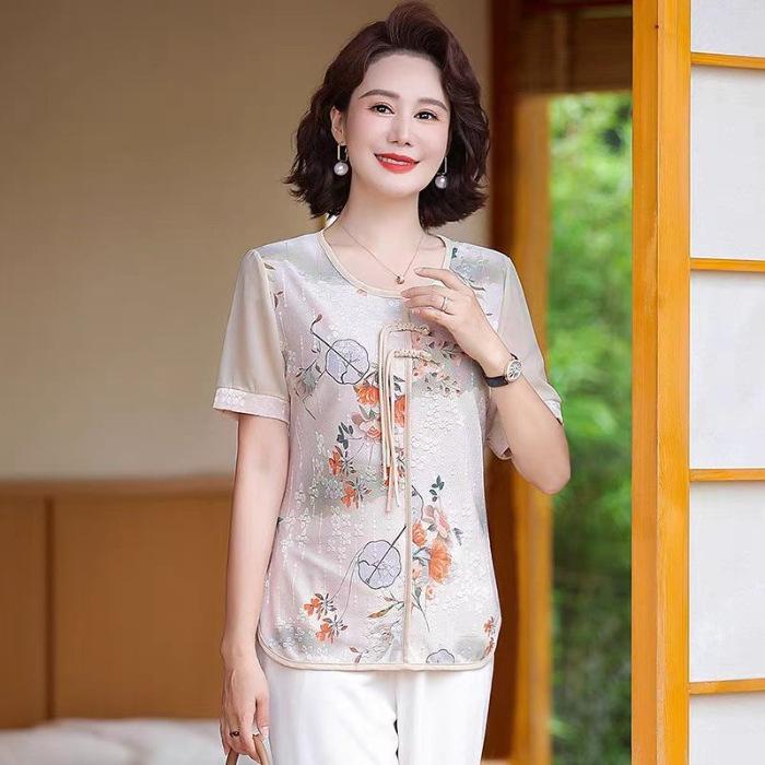 Women's Round Neck Short Sleeve Blouse Loose Fit Chinese Style Floral Printed Tunic