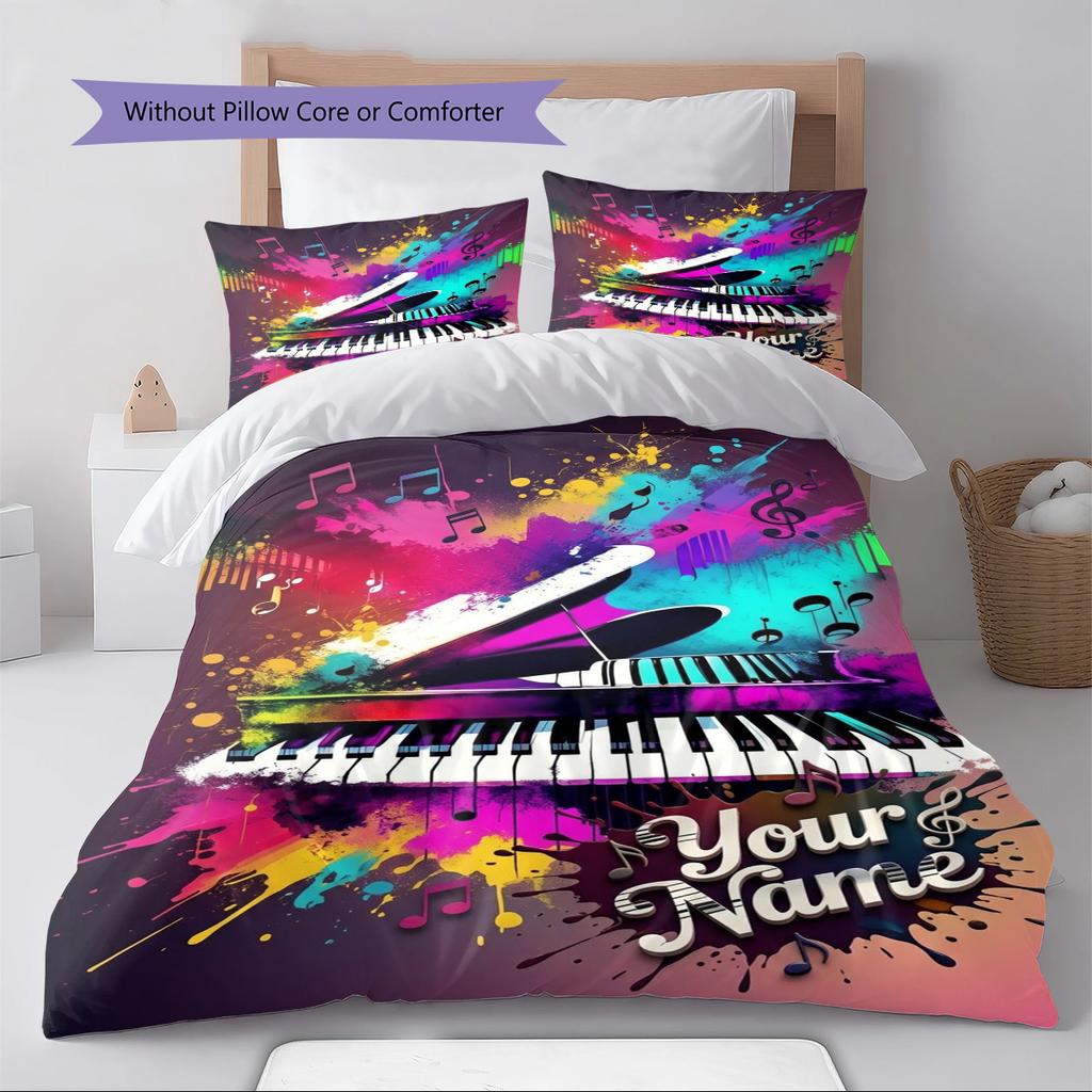 Name Custom Music Pattern Bedding Set Quilt Cover Pillowcase Home Decor Gift (1 * Duvet Cover + 2 * Pillowcase, Without Core)