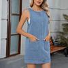 Women's Fashionable Solid Color Round Neck Sleeveless Pocket Backless Dress