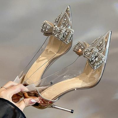 Mode Luxe Pointu Cristal Fée Dames Vent Sandales Strass Nœud Papillon Transparent Talons Hauts Escarpins Chaussures de Ville Mode Femme