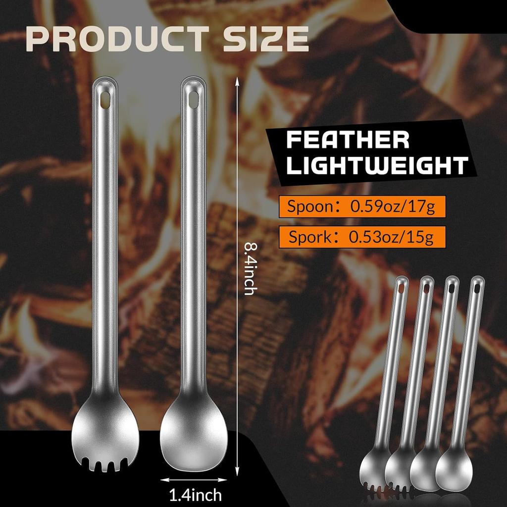 Minatee 4 Pieces Titanium Long Handle Spork and Spoon 8.4 Inch Ultralight Portable Flatware Lightweight Soup Spoon Camping Spork Utensil for Outdoor