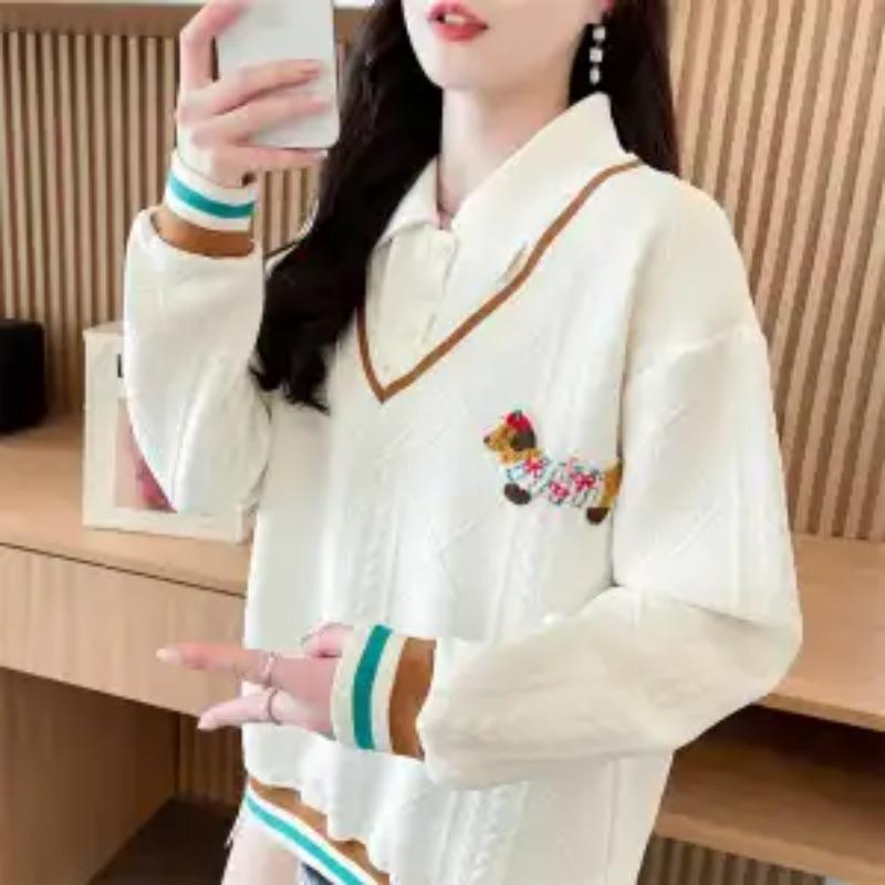 Spliced Fake Two-piece Sweatshirt for Women Autumn Cartoon Loose and Western Design Embroidered Polo Collar Top