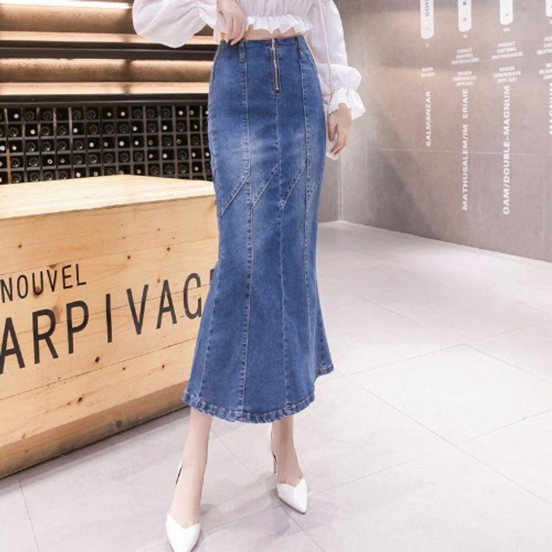 

Autumn New High Waist Zipper Slim Fit Mid Length Long Length Fish Tail Dark Blue M