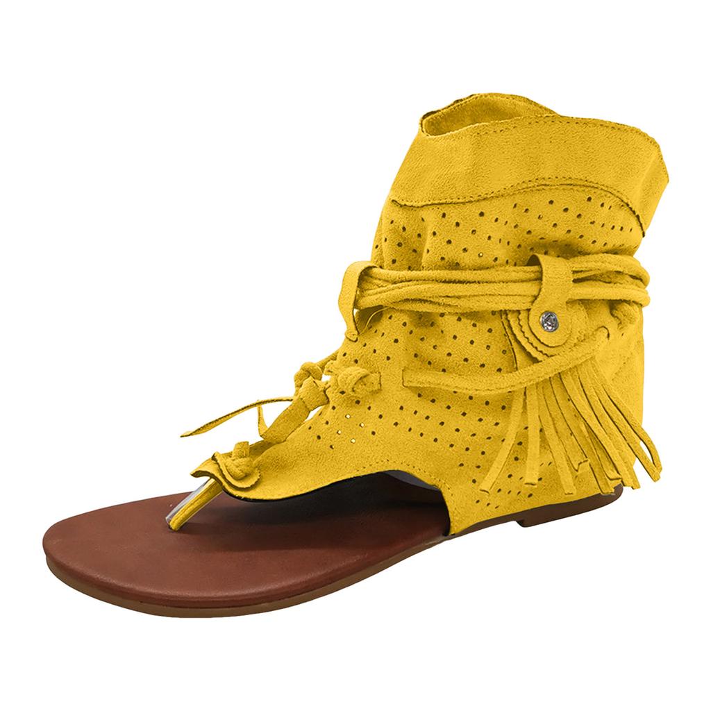 Lace Up Platform Sandals For Women Flat Soled Thong Toed Women'S Slippers Fashionable And Casual Tassel Hollow Zapatos De Mujer