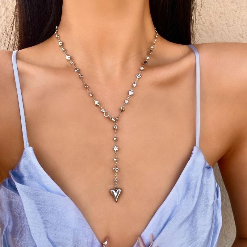 Trendy Gold Silver Color Glass Long Y-Shaped Heart Pendant Necklace Metal Clavicle Chain Bohemian Body Jewelry Party Gifts