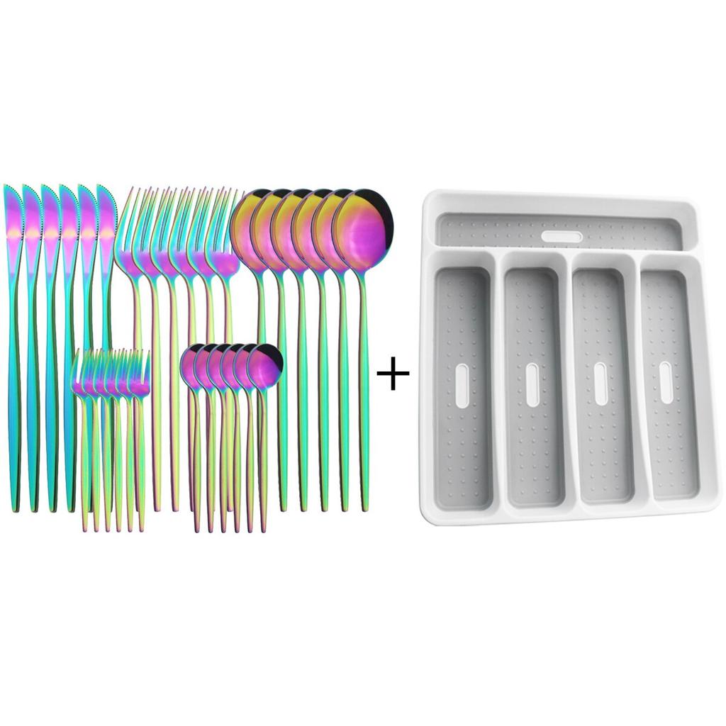 30pcs Gold Dinnerware Set Stainless Steel Tableware Set Knife Cake Fork Spoons Cutlery Set Plastic Storage Tray Kitchen Flatware