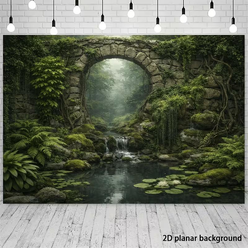 Enchanted Garden Banner with Overgrown Bridge and Pond Photo Booth Background Cloth
