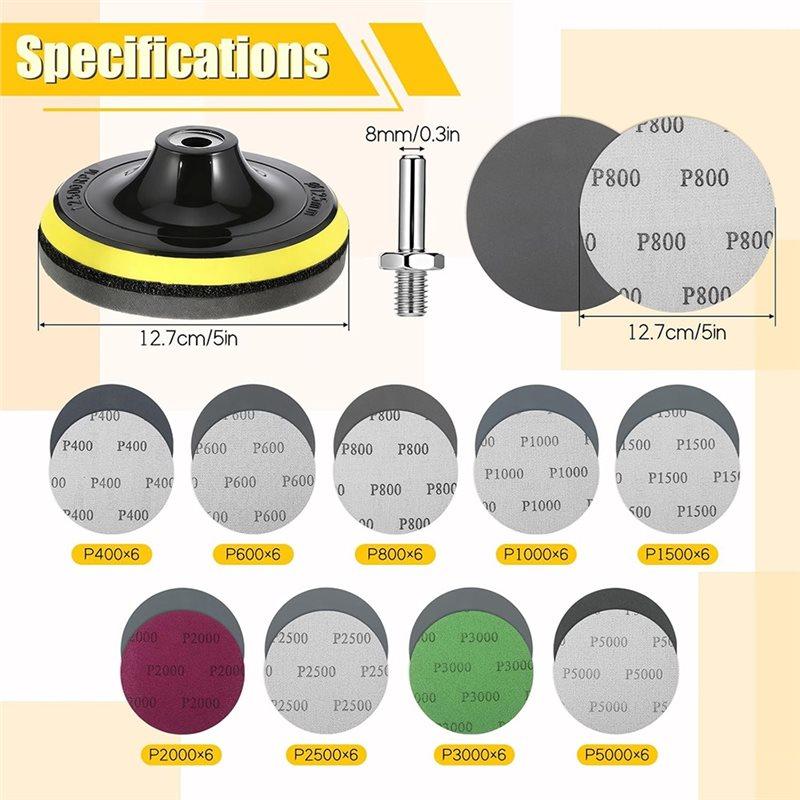 ABWR-For Wood Metal Polishing Sanding Discs Kit- 54 PCS 5 Inch Sandpapers With Foam Backing Pad, 400 To 5000 Grits, Wet Dry Incl