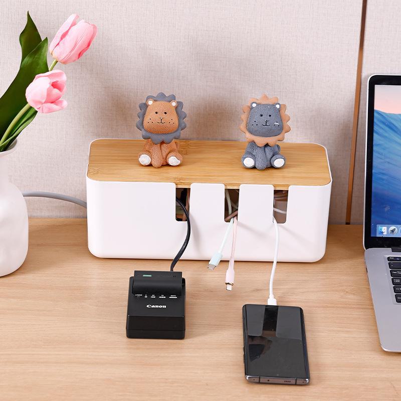"Wood Grain Multi-Function Desktop Cable Organizer Box"
