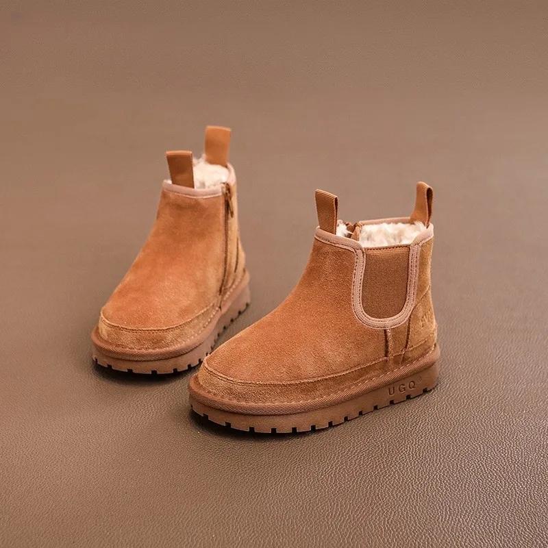 Kids Boots Boys Girls Thick Genuine Leather Warm Thicker Fur Children Winter Non-Slip Solid Zip Snow Boots Baby Suede Shoes