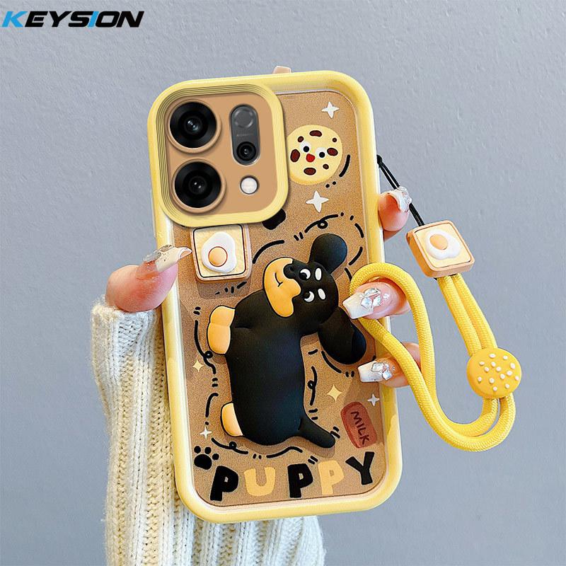 KEYSION Shockproof Case for OPPO Reno14 5G with Lanyard Soft Silicone Cute 3D Cartoon Doll Phone Cover for OPPO Reno 14 5G