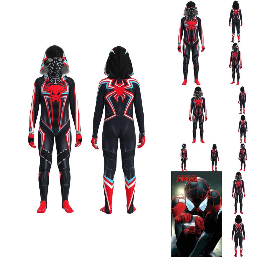 Schwarzes Spiderman-Cosplay-Kostüm, Kapuzenbody, Halloween-Karneval-Rollenspiel für Kinder und Erwachsene