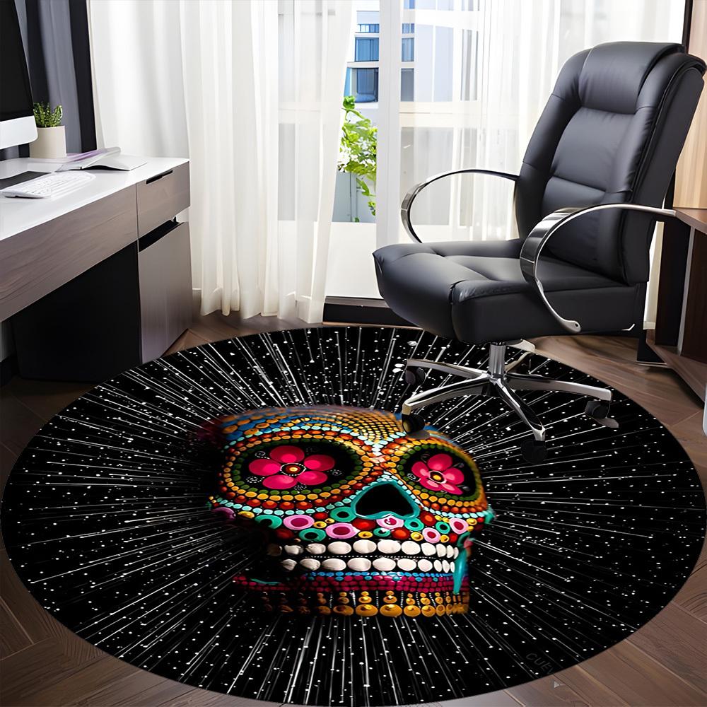 1PC Sugar Skull, Day of the Dead Office Round Area Rug, Mat Suitable ForOffice, Under Office Chairs Bedroom Living Room Home Decor, Room Deco