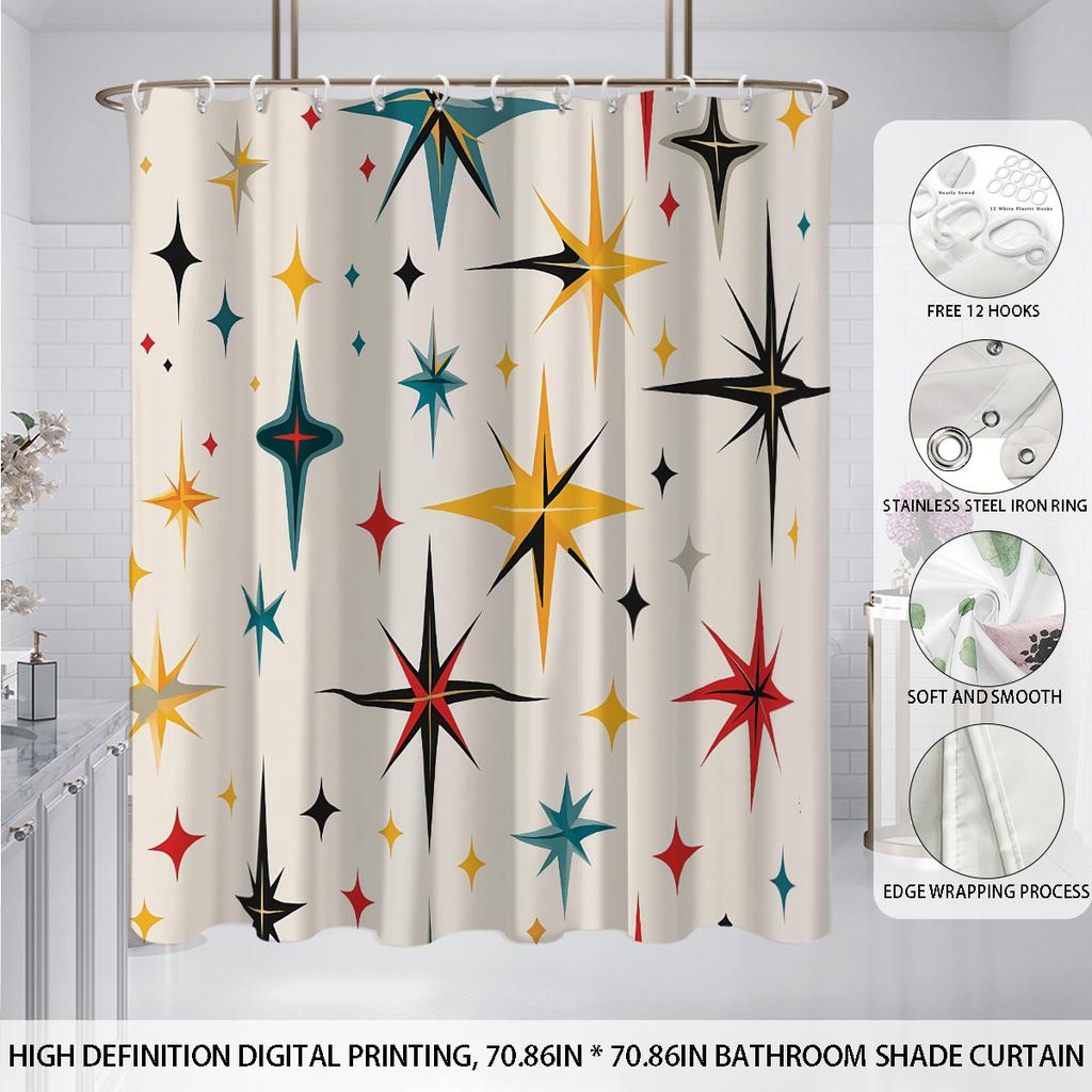 1Pc Color Star Print Perforated Waterproof Shower Curtain Shower Privacy Multi Size Hanging Curtain 12 Hooks Easy Installation
