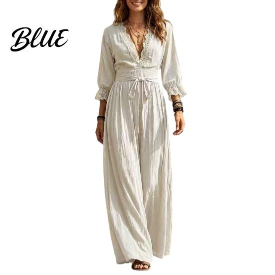 Long Sleeve Dress Women V-Neck Lace for Fall, 3/4 Sleeves Maxi with Casual Dresses Belt, Solid Color Loose Vacation Daily Wear Flowy