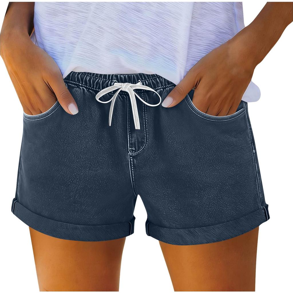 Women's Denim Shorts with Drawstring, Casual Summer Fashion, Stretch Comfort Fit for Beach and Daily Wear
