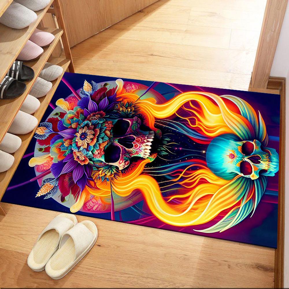 Eerie Skull In Flames Floor Mats for Living Room, Bedroom and Room Decoration Are Suitable for Gifts.