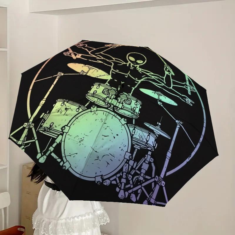 1pc Alien Drummer Art Print Umbrella with Plastic Handle,Suitable for All Seasons Home Travel Outdoor UmbrellaDD545