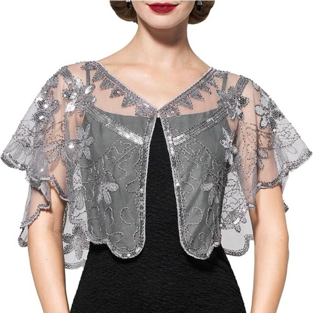 Bling Bling Sequins Poncho Coat Retro Flapper Shawl Dress Decorative Shoulder