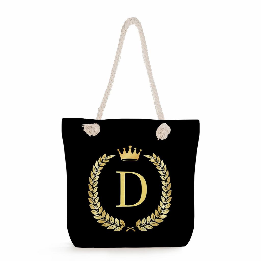 Black letters on a black background print thick rope single-shoulder beach bag 7289 CLE