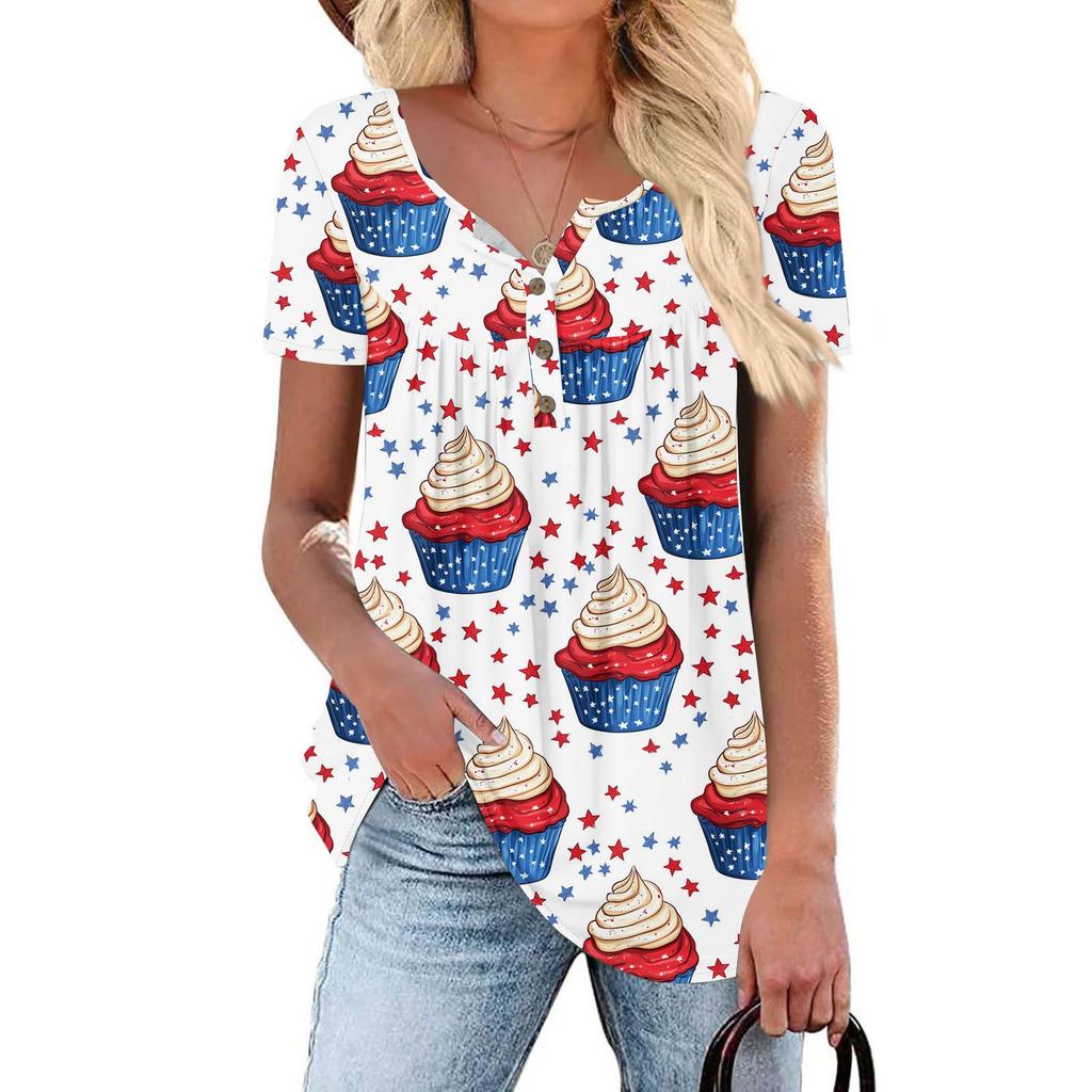 Women Tunic Tops Dressy Casual Summer Short Sleeve Shirts Loose Fit Pleated Boho Top Independence Day