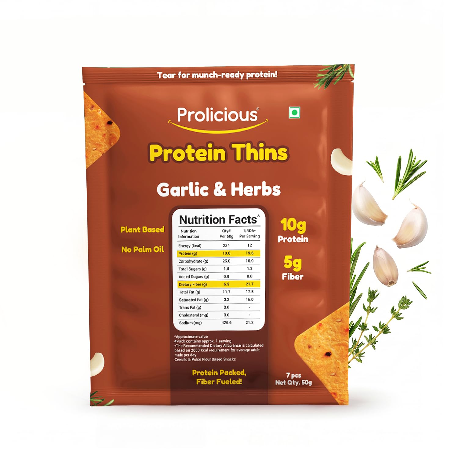 Prolicious Thins Garlic & Herbs High Protein Chips | Upgrade Your Snacking | 10g Protein + 5g Fibre | Same Crunch, Snack Smarter | Plant Based | No