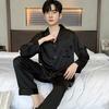 High-end Men's Pajamas Spring and Autumn Ice Silk Long-sleeved Black Fashion Green Fruit Collar Men's Silk Summer Loungewear Suit