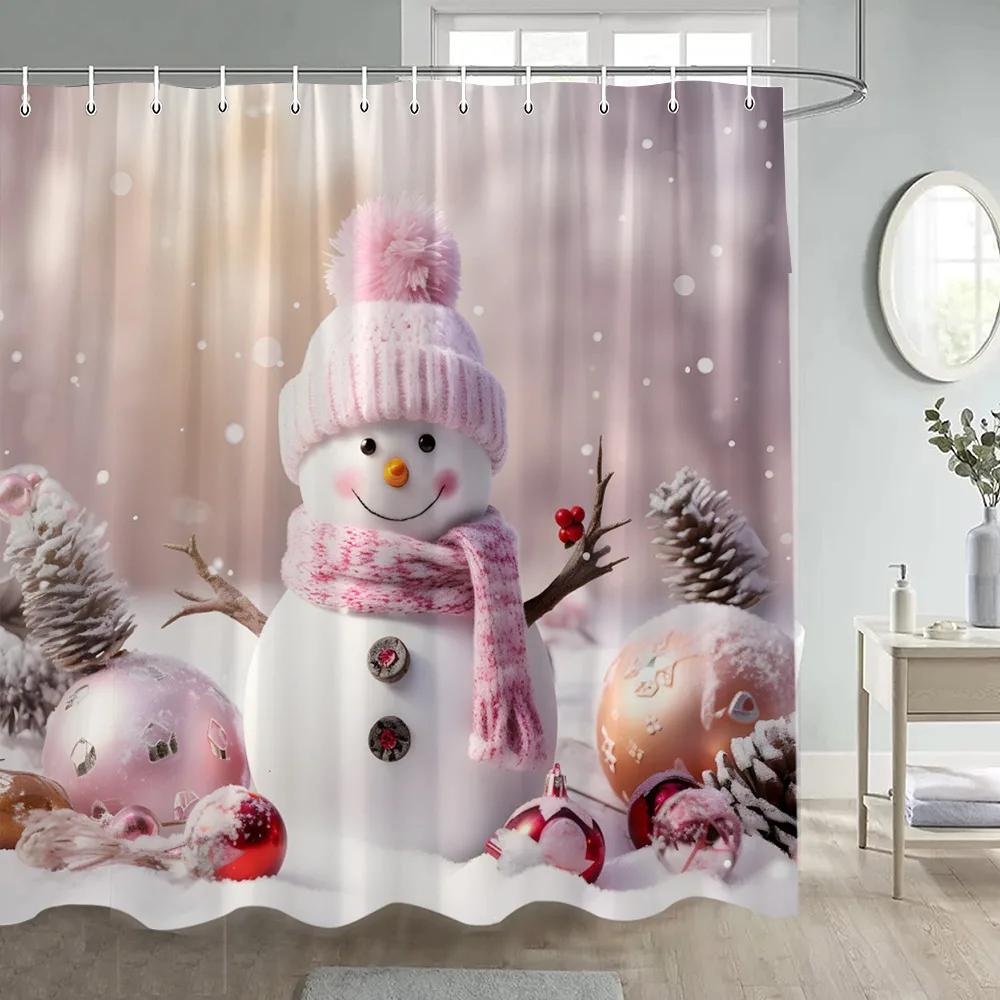 Zima Vánoce Sprchový závěs Legrační sněhulák Xmas Trees Krbové auto Lesní Snowy Scéna Nový rok Holiday Home Dekorace koupelny