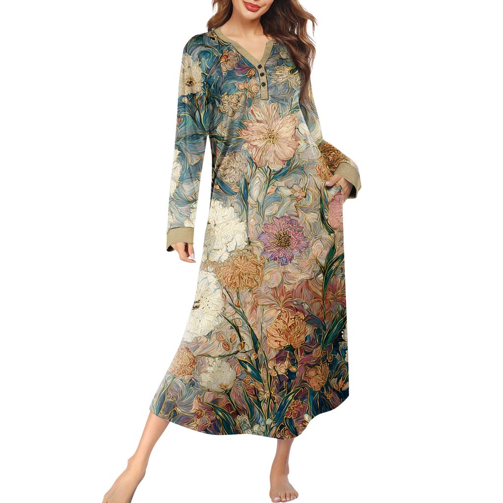 Dámská noční košile dlouhá společenská V-výstřih noční košile s kapsami