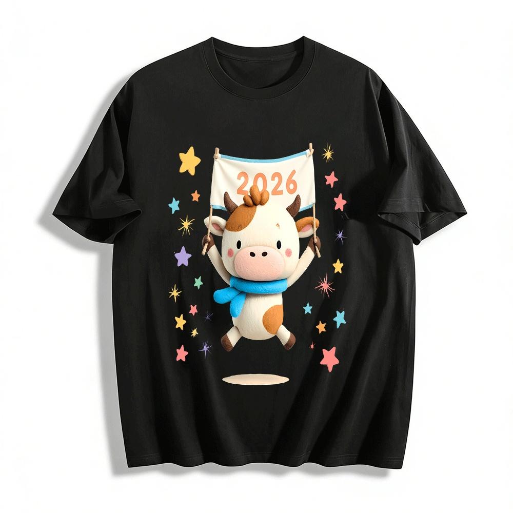 2026 New Year Cute Cow Print Casual Top Unisex Fun Festival T-Shirt Pure cotton T-shirt XXS