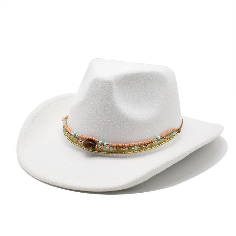 Curled Cowboy Hat Western Ethnic Style Tibetan Felt Hat Colored Bead Rope Accessories Knight Hat Tide