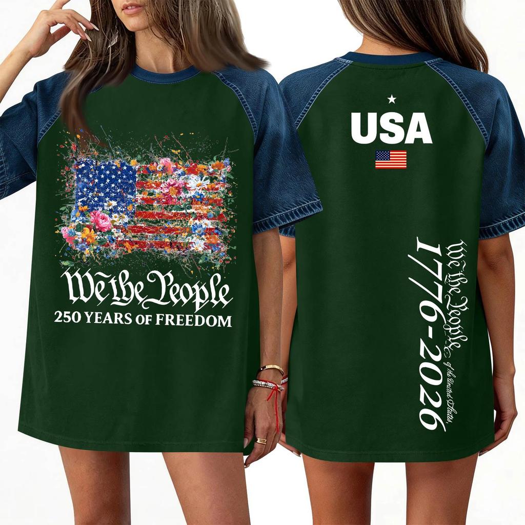 Women's Denim Patchwork Top,  Casual Short-sleeved Comfortable T-shirt,  Fashionable For Spring And Summer.