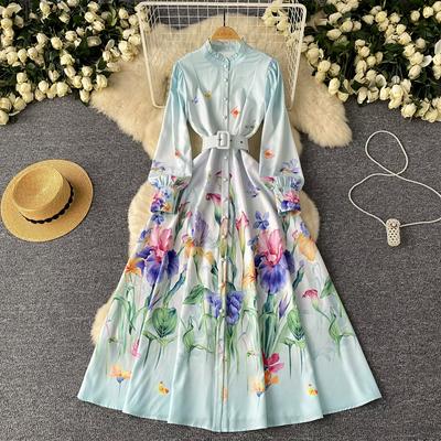 Spring Autumn Women Elegant Print Single Breasted Holiday Beach Long Maxi Shirt Dresses With Belt